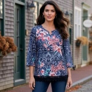 CJ Christopher & Banks Boho Floral Lace Crochet Relaxed Fit Blouse Top Medium